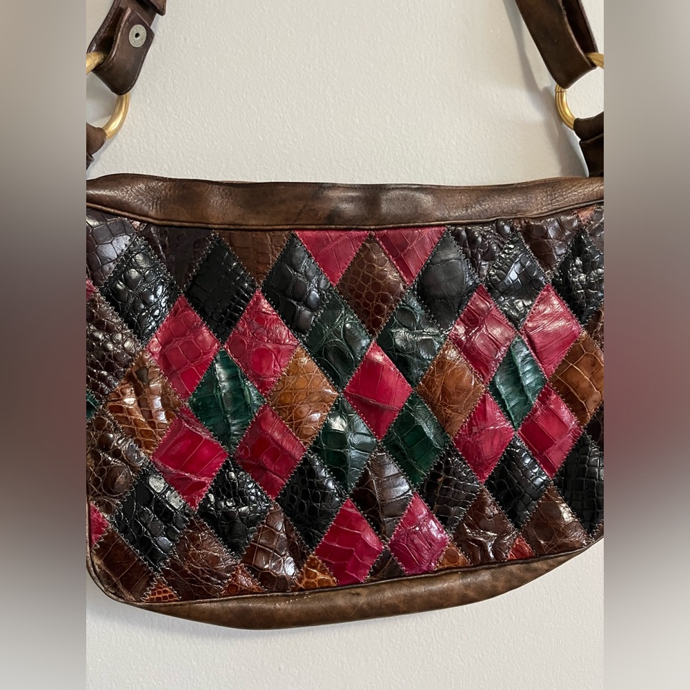 Leather Vintage Crocodile patchwork bag branded Corrente with suede interior - Picture 3 of 10